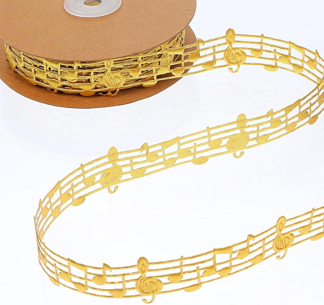 20 Yards Music Note Ribbon Decorations Craft Ribbons Hollow Notation Grosgrain Engraved Clothing Trim Accessories for Gift Wrapping Decor Christmas(Gold)