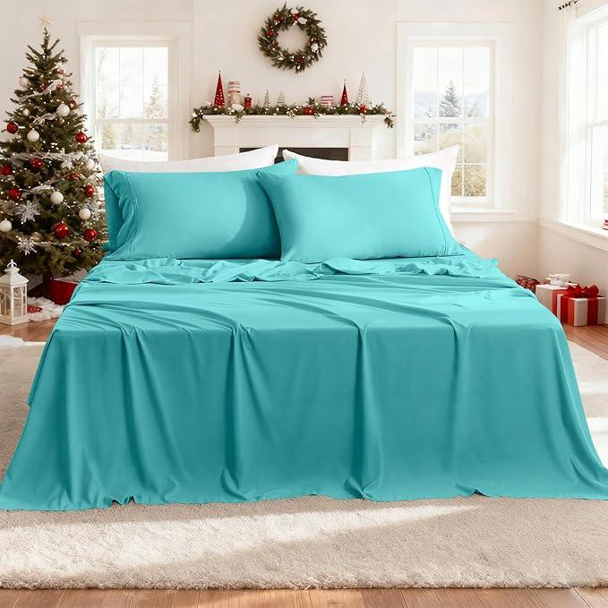 Queen Sheet Set - Hotel Luxury 4 Piece Silky Soft Breathable Cooling Queen Size Sheet Sets,Fits 16" Deep Pocket Mattress, Easy Care Wrinkle Free Bedding Sheet and Pillowcase Bed Sheet Set, Turquoise