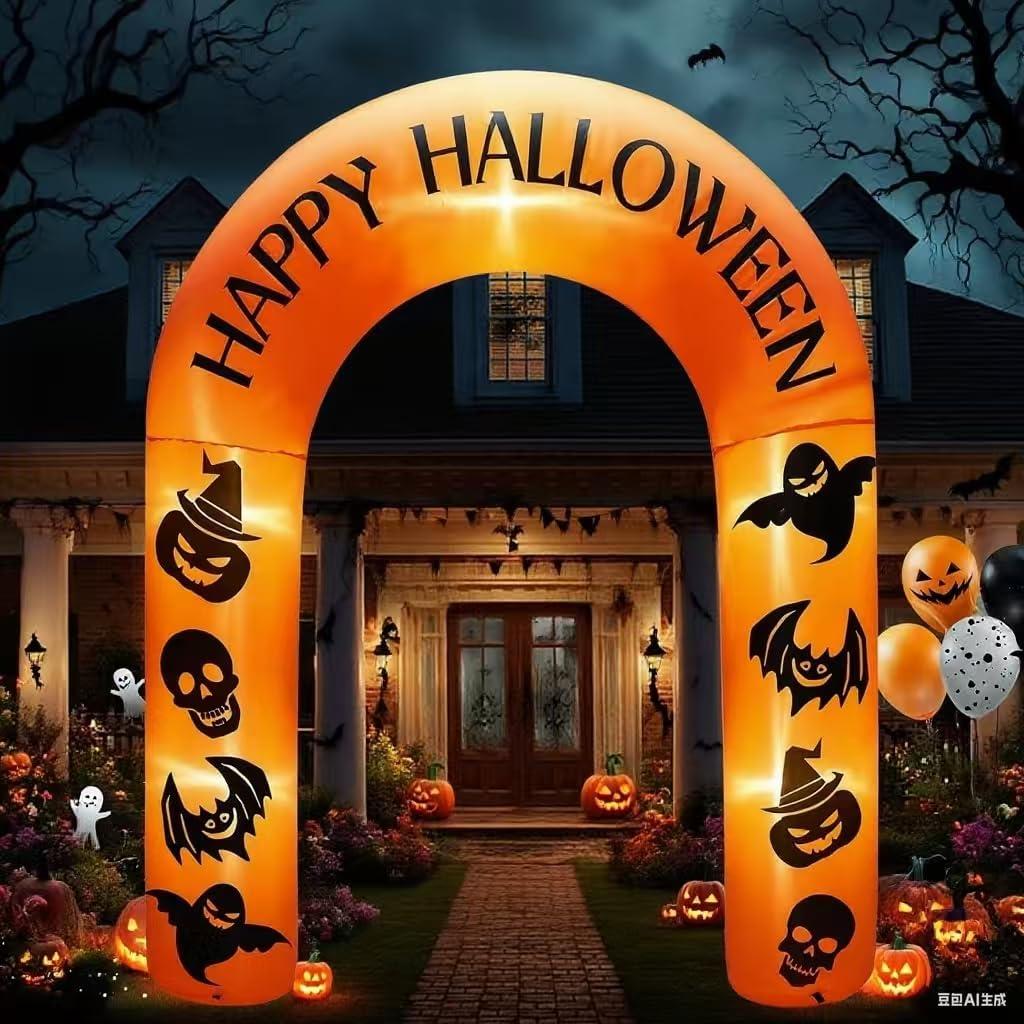 8FT Halloween Inflatable Arch, Equipped with LED Lights, Featuring Ghost, Spirit, Pumpkin, bat and Skull Patterns. Suitable for Halloween Decoration in Both Indoor and Outdoor courtyards or lawns.