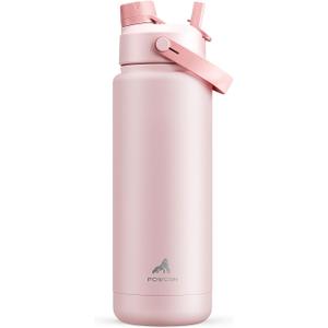 POWCAN 32 oz Insulated Water Bottle with 2-in-1 Straw and Spout Lid, Keep Cold 24H, Leak-Proof, BPA-Free, Double Wall Stainless Steel Water Bottle for Sports, Gym, Travel, and School (Cotton Candy)