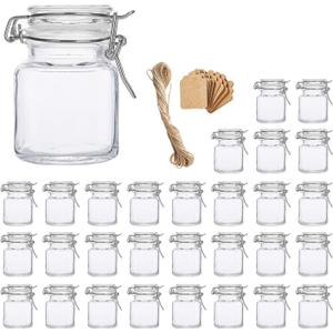 Spice Jars, Flrolove 30 Pack 3.5oz Square Glass Jars with Leak Proof Rubber Gasket & Hinged Lid,Small Glass Containers with Airtight Lids for Home, Party Favors