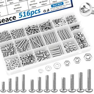 Smseace 516Pcs Nuts and Bolts Assortment Kit 21-Sizes M3/M4/M5/M6 Nut Bolt Washer Assortment Kit for Machinery, Furniture, Automotive, Motorcycle Repairs (Silver)