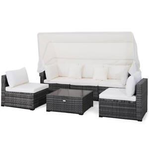 6-Piece Wicker Patio Conversation Set Retractable Canopy with White Cushions
