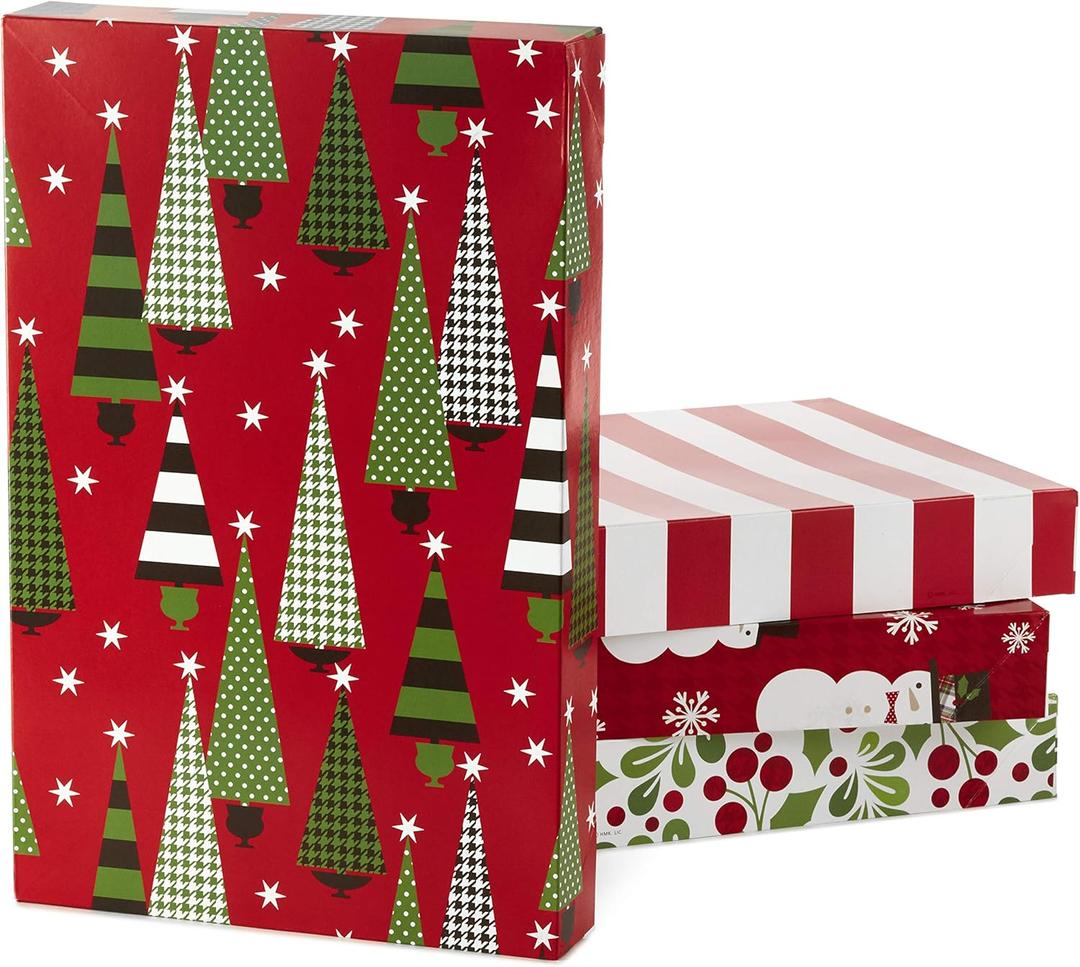 Hallmark Medium Christmas Gift Boxes with Lids (12 Shirt Boxes, 4 Designs: Trees, Stripes, Snowmen, Holly) for Christmas, Holiday Parties, Hostess Gifts