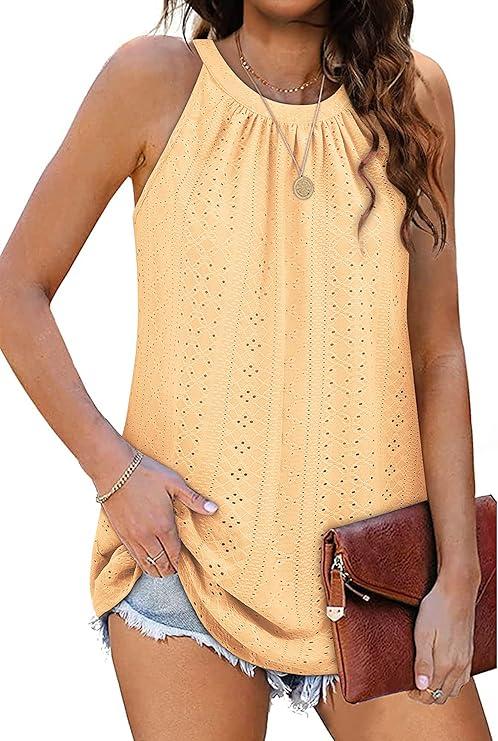 Zwurew Tank Top for Women Loose Fit High Neck Sleeveless Halter Tops Casual Pleated Eyelet Summer Flowy Cami Shirts Blouse, Small