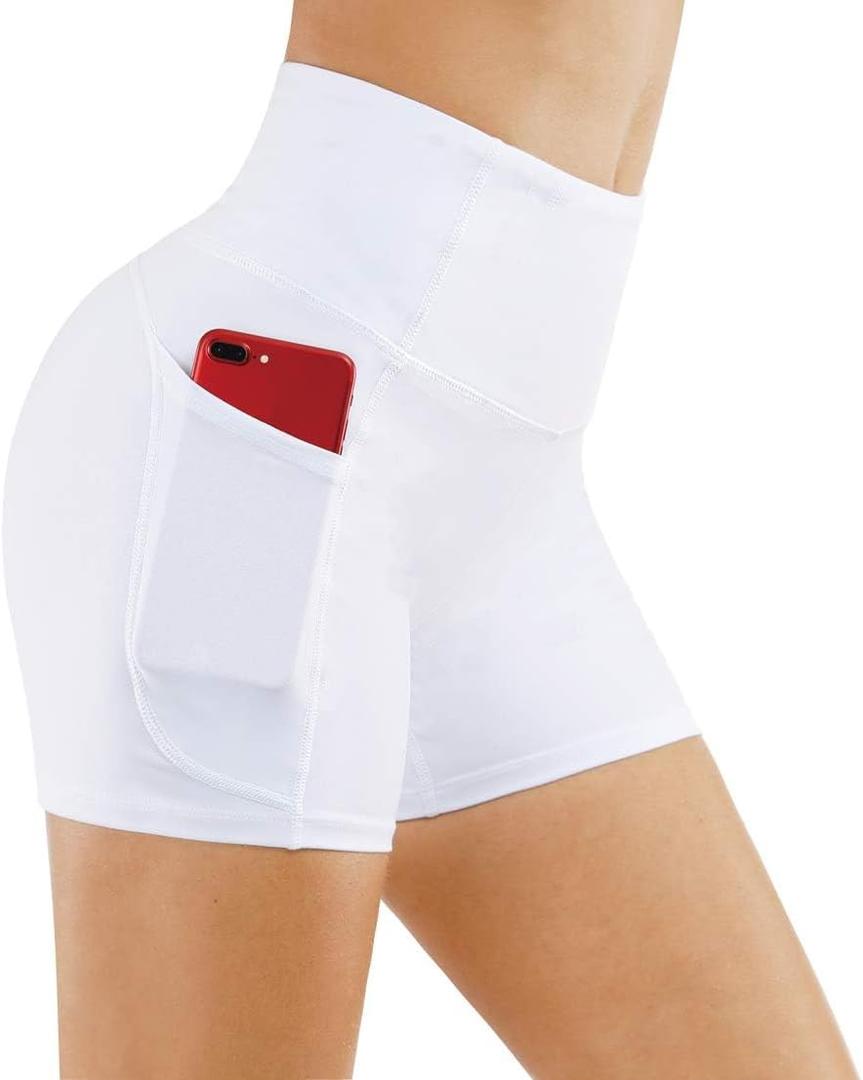 THE GYM PEOPLE High Waist Yoga Shorts for Women's Tummy Control Fitness Athletic Workout Running Shorts with Deep Pockets (Medium, White)