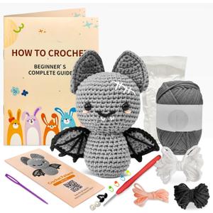 Minimal Beee Bat Crochet Kit for Beginners - DIY Halloween Craft Gift with Animal Yarn, Easy Knitting Supplies for Adults, Complete Starter Crochet Set with Needles & Instructions, 2 Pack (Grey)