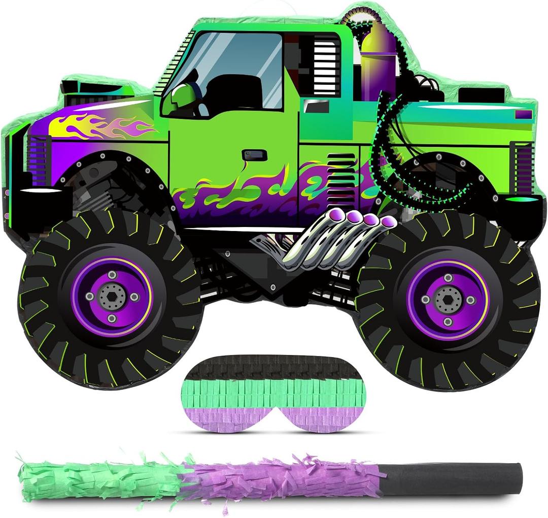 Threan Monster Truck Party Decorations Green and Purple Monster Truck Piata Racing Car Piata Game with Stick Blindfold for Adults Cool Birthday Party Decor Supplies
