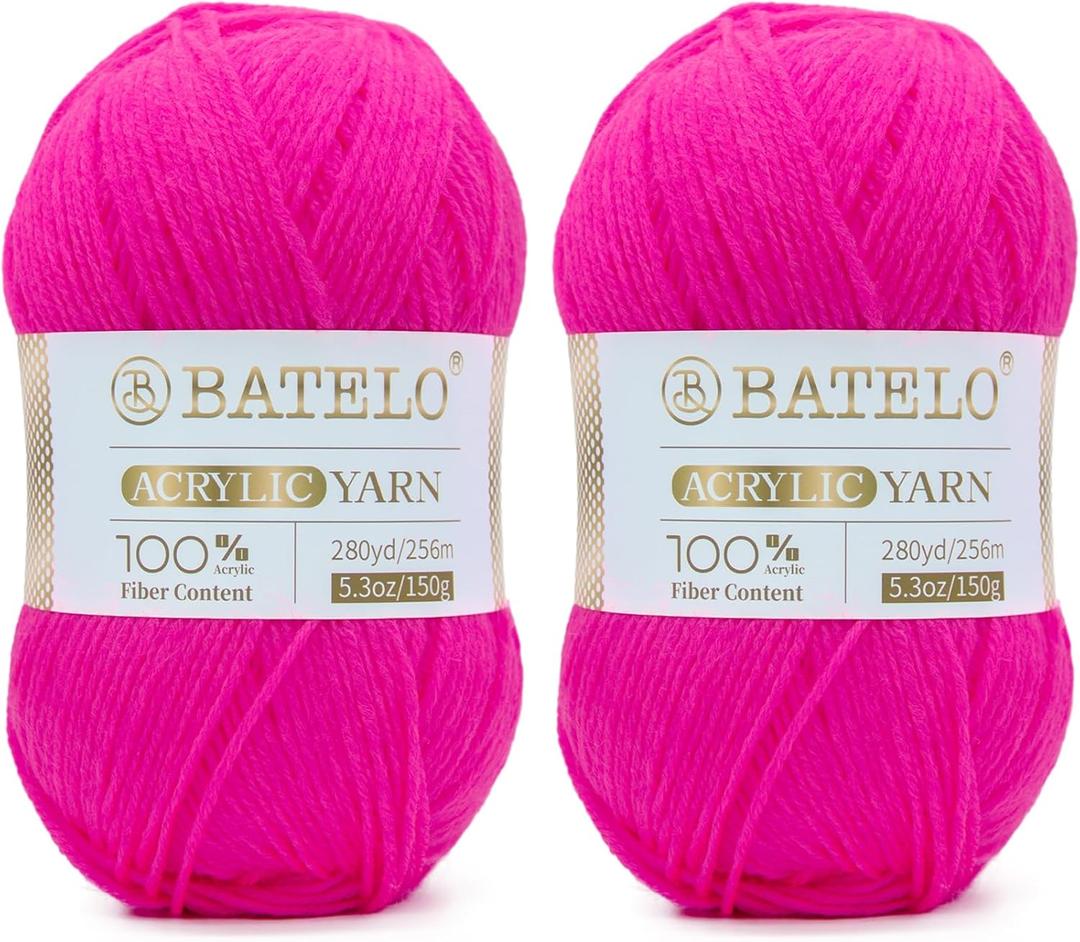 Crochet Yarn Hot Pink Amigurumi Yarn 560 Yards, 2 Pack Acrylic of 150g/5.3oz, 3 Light Worsted for Crocheting & Knitting