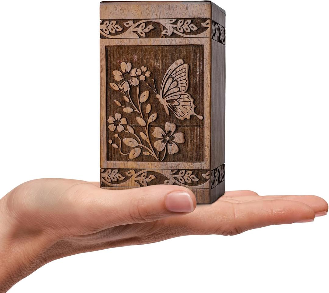 Wooden Cremation Urns for Human Ashes 20 lbs - Decorative Funeral, Burial Urn for Adult Female & Male - Wood Urn for Women, Men & Loved Ones - Butterfly