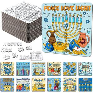 Realspring 24 Pack Hanukkah Color Your Own Jigsaw Puzzles for Kids 3-5, 4-6, 6-8, Coloring Crafts DIY Paper Puzzles Party Favors Gifts for Toddler Children Learning Education Toys