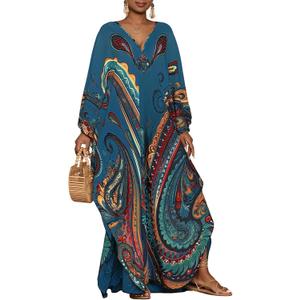 Bsubseach Kaftan Dresses for Women Ethnic Print Plus Size Beach Cover Ups Batwing Sleeve Caftans with Pockets