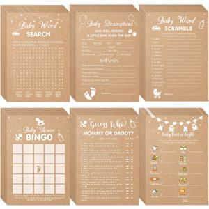 Sherr 320 Pcs Kraft Paper Baby Shower Games Includes 6 Games Each 50 Sheets with 20 Pencils Includes Baby Descriptions and Wishes Game Guess Who Bingo Word Search