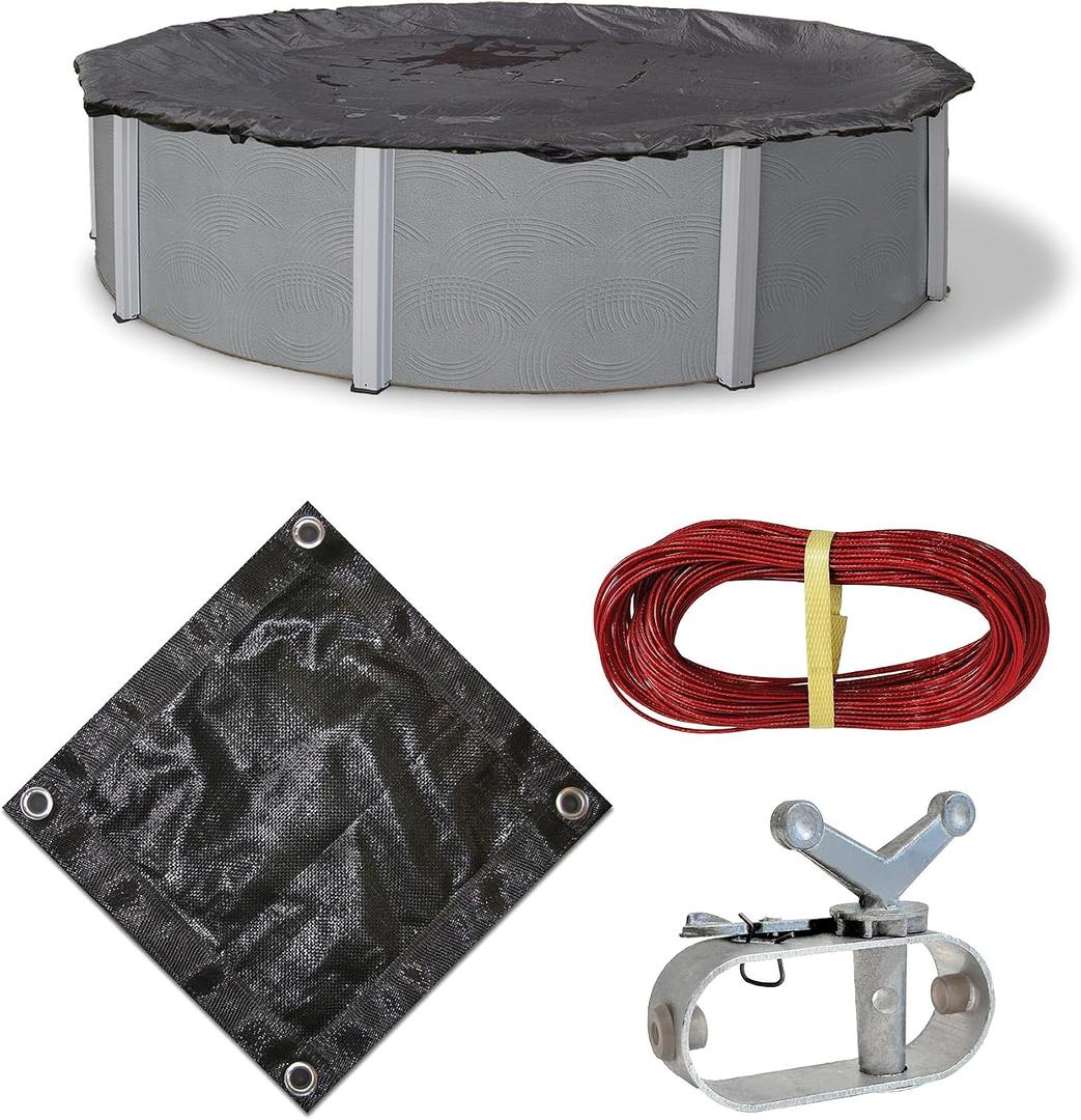 Blue Wave Rugged Mesh 28 ft 8-Year Above Ground Pool Cover for Winter – Fine Mesh Debris Barrier – 4 ft Overlap, Reinforced Grommets, Vinyl-Coated Cable, Metal Winch – Black Finish - BWC610