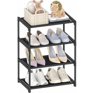 4 Tier Small Shoe Rack, Narrow Stackable Kids Toddler Adult Shoe Storage Organizer Shelf for Closet Floor Entryway Bedroom, Space Saver Shoe Rack Organization Shelves