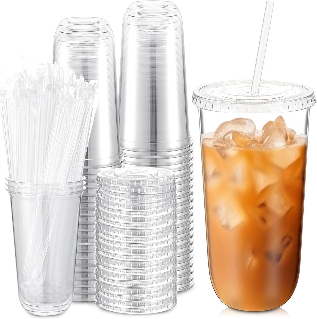 Ziliny 50 Sets Clear Plastic Cups with Lids and Straws, Disposable Iced Coffee Cups Drinking PET for Cold Drinks, Juice, Smoothie, Coffee Shops, Party, Christmas (20 oz,Clear)