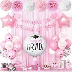Graduation Party Decorations Pink, Congrats GRAD Banner Paper Pompoms Pink Fringe Curtain Backdrop Star Foil Balloons Pink White Latex Balloon for Graduation Class of 2026 Decorations