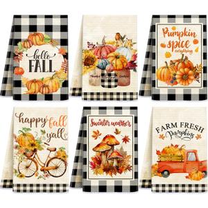 Ganeen 6 Pcs Hello Fall Thanksgiving Hand Towels Set Black and White Checkered Kitchen Dish Towels Vintage Pumpkin Truck Biker Farmhouse Buffalo Plaid Tea Decorations for Home Kitchen Cooking (Adorable)