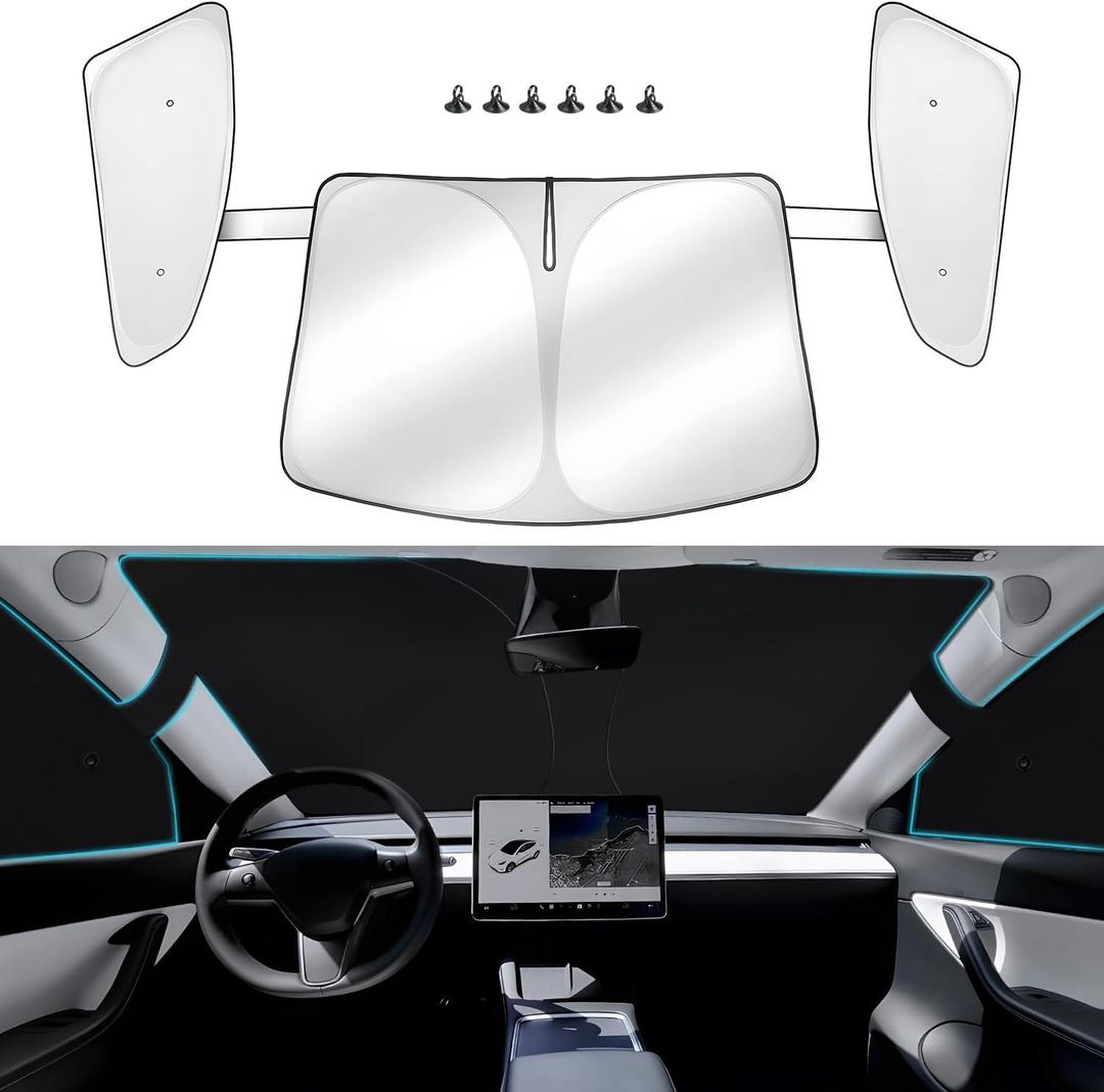 Windshield Sunshade for Tesla Model Y Front and Side Window Sunshade, 2 in 1 Integrated Sun Visor Cover for Tesla Model Y 2021-2023 2024 2025, Folding Heat Insulation Windshield Sunshade