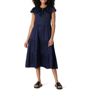 Essentials Women's RelaxedFit Cotton Sateen Crewneck Tiered Midi Dress, Navy, XXLarge