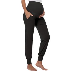 PACBREEZE Women's Maternity Pants Lounge Workout Joggers Over The Belly Pajama Sweatpants Stretchy Pregnancy Pants (X-Large, A01:black)