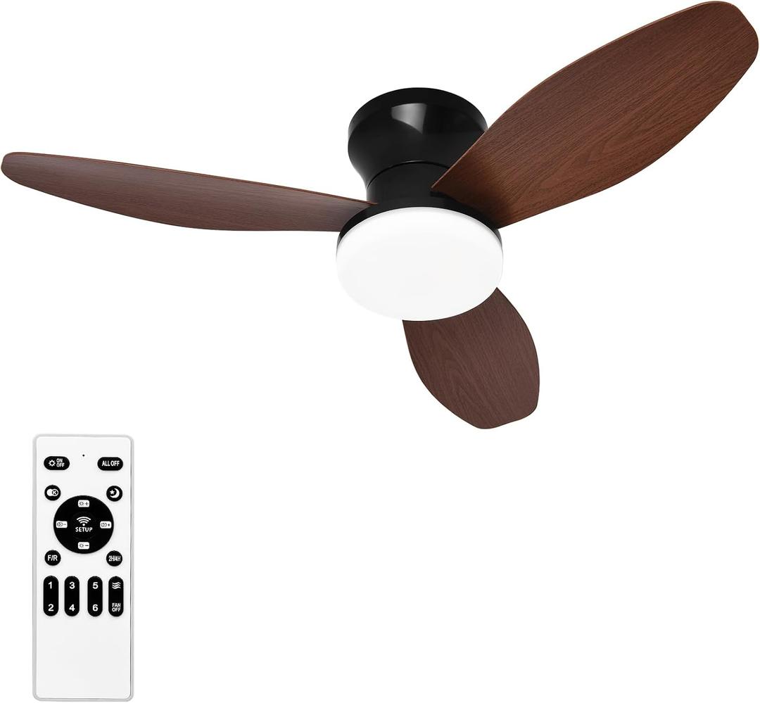 Small Ceiling Fan with Lights and Remote, 32" Flush Mount, Small Quiet, DC Motor, Reversible Blades, 6 Wind Speeds, Dimmable LED, Adjustable Color Temperature, Timer (dark wood grain)
