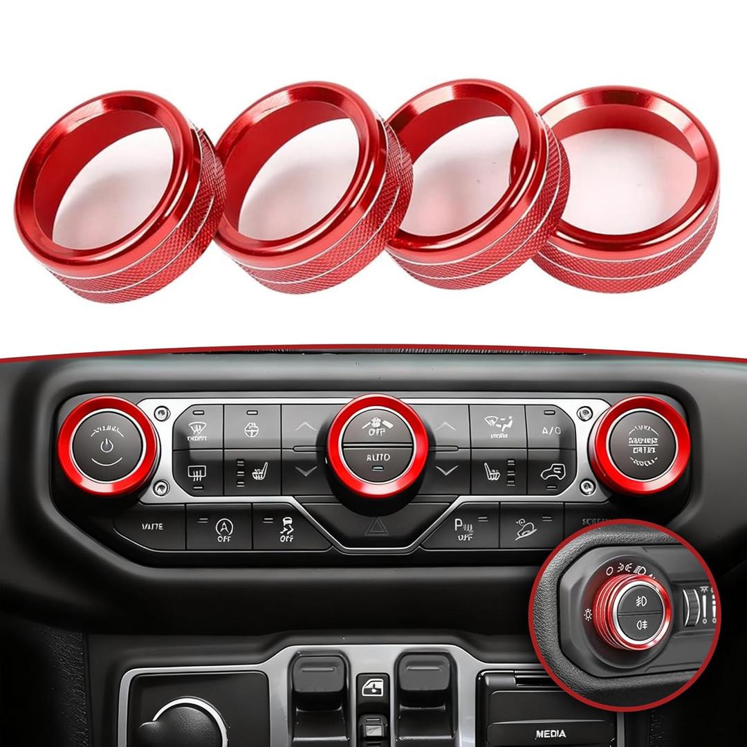 VOURTM Button Knob Cover Fit for Jeep Wrangler JL JLU 2018-2025 & Gladiator JT 2020-2024 Accessories Button Cover Air Conditioner Headlight Center Consoles Switch Knob Cover 4PCS