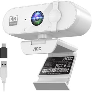 AOC White 4k Webcam for PC with Microphone, Computer Camera with Noise Cancellation, Privacy Cover, 99° FOV, Plug & Play USB Webcam for Streaming, Conferencing, Zoom, Skype, Facetime