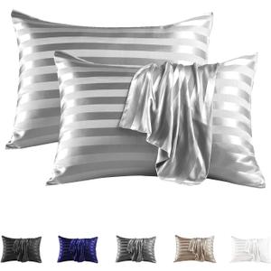 MR&HM Satin Pillowcase for Hair and Skin, Silk Satin Pillowcase 2 Pack, Standard Size Pillow Cases Set of 2, Silky Pillow Cover with Envelope Closure (20x26, Silver Grey Striped)