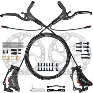 E-Bike Hydraulic Disc Brake Set 4-Pistons/2-Pistons,2-PIN/3-PIN Pre-Bled with Mineral Oil Brakes Kit,Front and Rear Set,180mm 2.3mm Thick Rotors (Black)