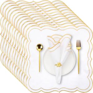 Hahafelt Cloth Napkins 18x18inches Scalloped Embroidery Cloth Napkins Washable Polyester Table Dinner for Hotel Restaurant Weddings Events Parties (Gold,12 Set)