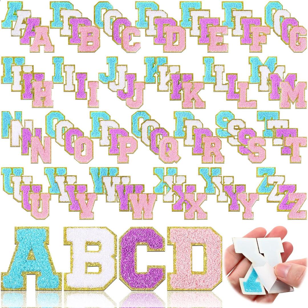 Jutom 104 Pcs Self Adhesive Chenille Letter Patches Letter Patches Chenille Stick on Embroidered Patch for Clothing Jackets Backpacks Hats(Classic,White, Pink, Purple, Blue)