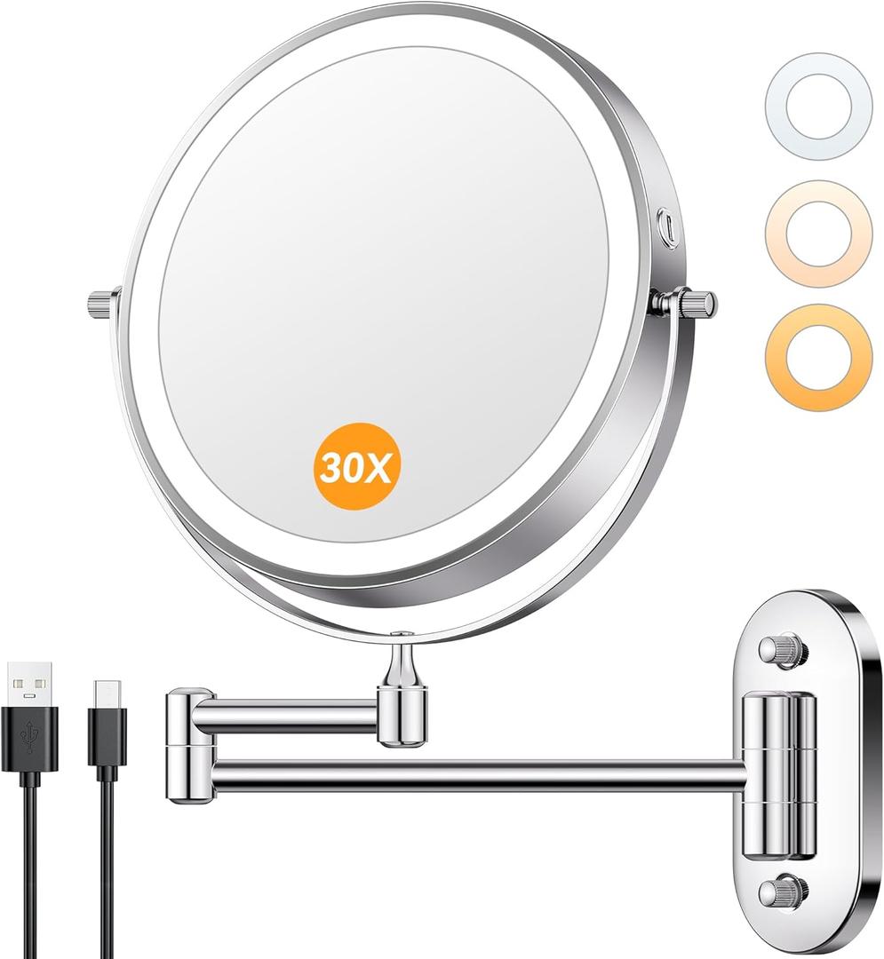 Auxmir 1X/30X Wall Mounted Lighted Makeup Mirror, 8" Rechargeable Double-Sided Magnifying Mirror with Light, Touch Dimmable 3 Color Light, 360 Rotation Foldable Extended Arm, Chrome