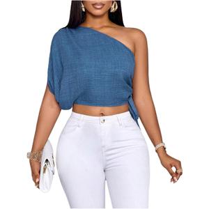 SOLY HUX Women's One Shoulder Blouse Short Sleeve Drawstring Side Casual Summer Crop Tops (Blue, L)