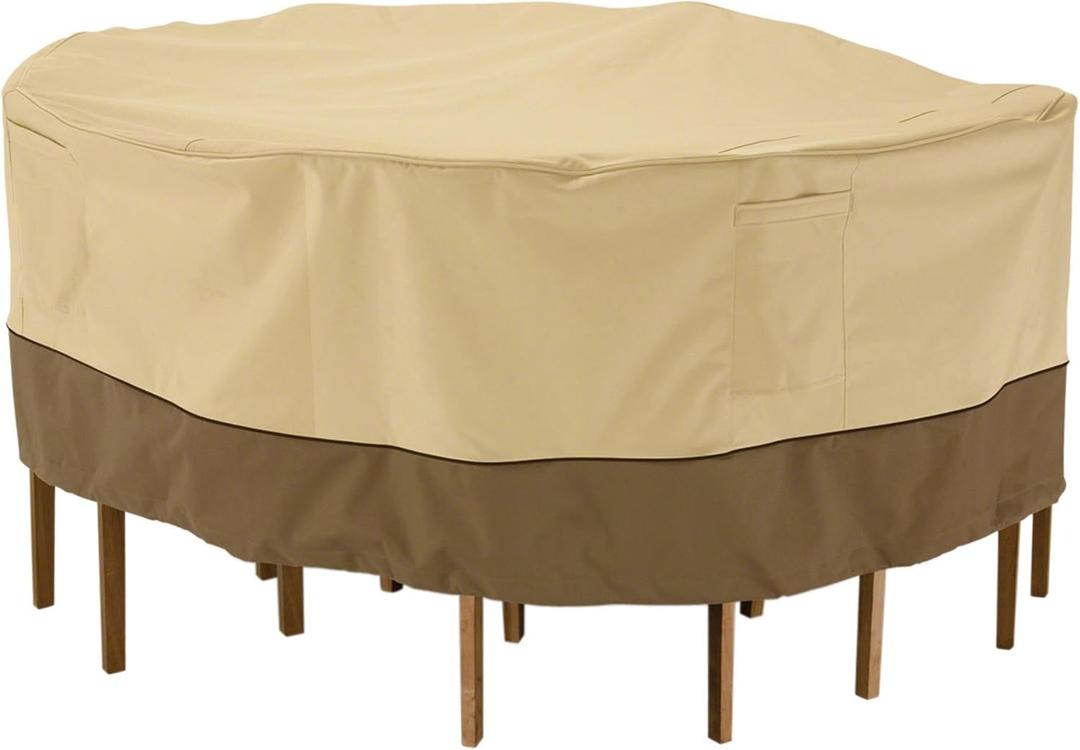 Classic Accessories Veranda Water-Resistant 94 Inch Round Patio Table & Chair Set Cover, Outdoor Table Cover (94"DIA x 23"H, Pebble/Bark/Earth)