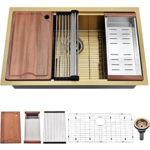 28 Inch Undermount Kitchen Sink Gold - 16 Gauge Gold Satainless Steel Kitchen Sink Undermount 28x18,10 Inch Deep Single Bowl Workstation Sinks with Accessories