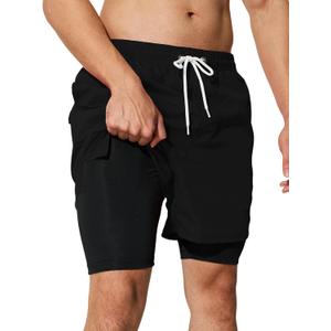 Mens Swim Trunks with Compression Liner 5 inch Inseam Quick Dry Bathing Suit 2 in 1 Board Shorts (Medium, Black)