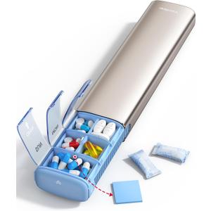 VAYDEER Metal Weekly Pill Organizer  Moisture-Proof Travel Pill Organizer with Built-in Desiccant Chamber and Airtight Lids  Large-Capacity Pill Box for Vitamins, Medicines & Supplements (Champagne)