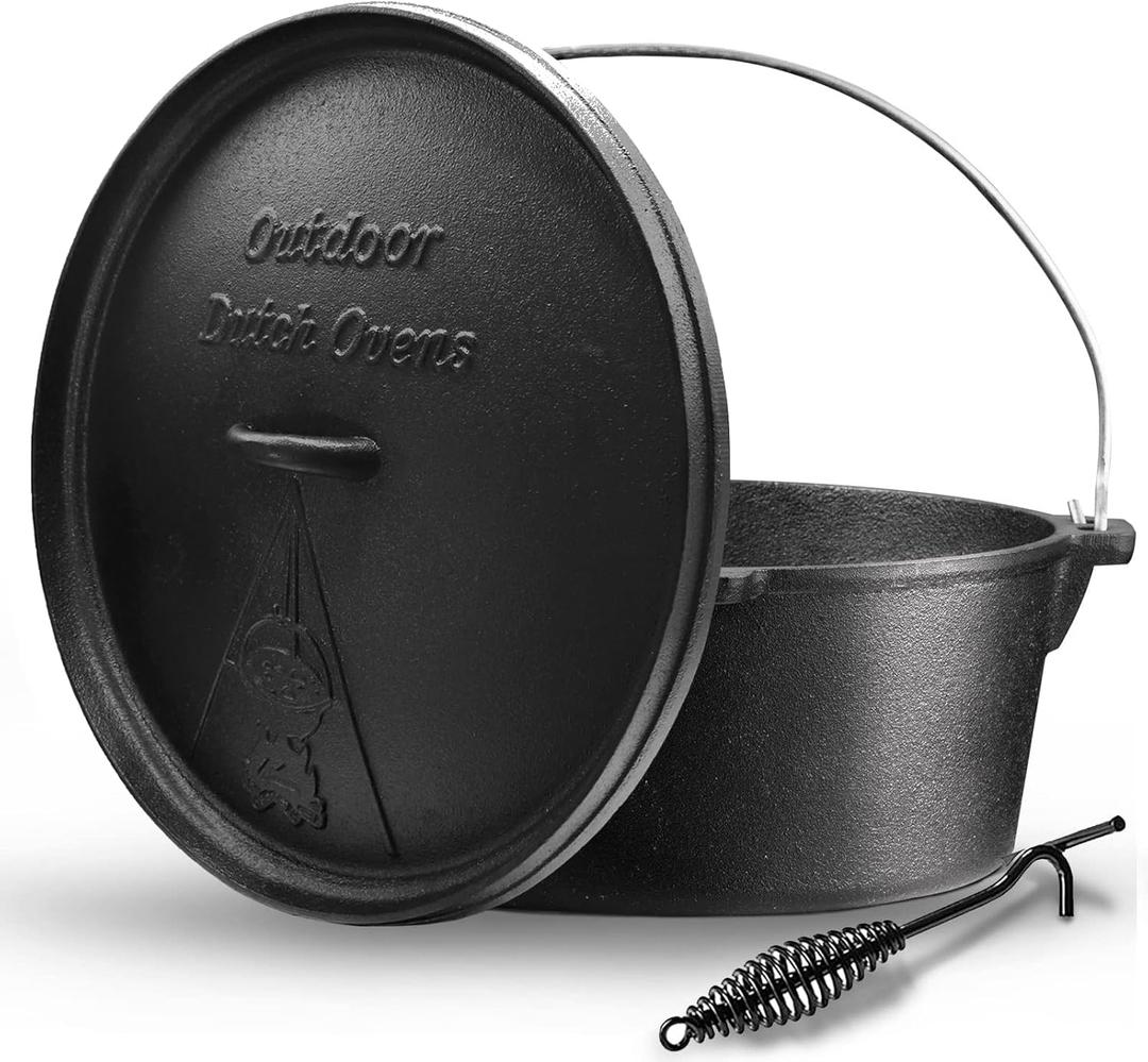 Camping Dutch Oven,12 Qt Pre-Seasoned Cast Iron Camp Dutch Oven Pot with Lid - Lid Lifter, Cast Iron Dutch Oven with Metal Handle for Cooking BBQ Baking Campfire Modern, Black