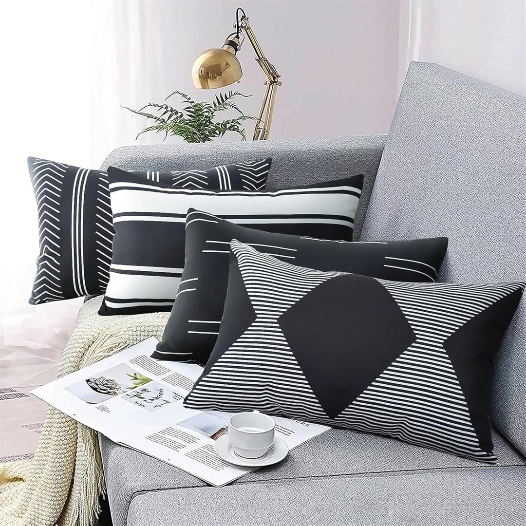 Adabana Outdoor Waterproof Lumbar Pillow Covers 12x20 Inch Set of 4 Black and White Modern Geometric Throw Pillows Cover Decorative Boho Pillow Covers for Patio Garden Porch