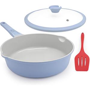 AIKENBBKK Ceramic Frying Pan Skillet with Lid, 12 inch Nonstick Deep Frying Pan for Cooking, 5 QT Large Saute Pan with Detachable Handle, Induction Ready, PTFE & PFAS-Free, Oven Safe, Blue