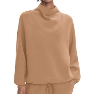 Amoretu Womens Mock Cowl Neck Sweatshirt Lightweight Loose Fit Drop Shoulder Pullover Tops (Brown, XL)