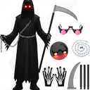 Xtinmee Grim Reaper Costume Scary Halloween Outfit for Adult with Glowing Eyes Scythe Gloves Chain for Halloween (XL for 12-14 Yr)