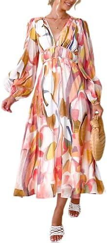 Sissyaki Women's Long Sleeve Boho Floral Maxi Dress Summer Fall Wedding Guest Dress M