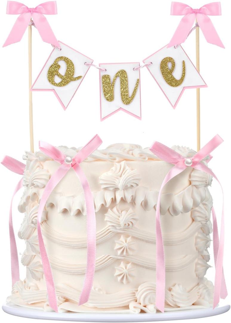 Honeydak 11 Pcs Pink Bow 1st Birthday Cake Topper with Wood Pole Handmade Pennant Flags with 10 Bow Ribbon Suitable for Baby Shower Favors, Gender Reveal, Baby Photo Booth Props