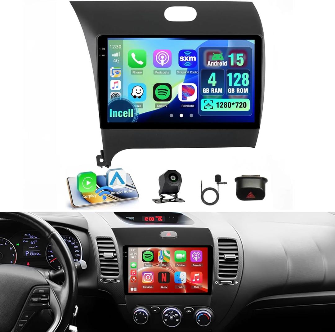 4G+128G Car Radio for Kia Forte Cerato K3 2013-2018, 9'' Incell Touchscreen Stereo Android 15 Wireless Carplay Android Auto 32EQ 5G WiFi 1080P Bluetooth GPS Navigation+Free AHD Backup Camera