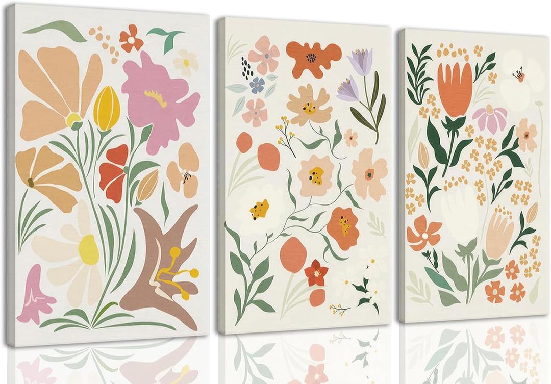 ZQARTZZQ Abstract Flower Market Wall Art vintage Floral Decor Framed Canvas Prints Set of 3 Colorful plant Decor Minimalist Pictures Painting for Living Room Bedroom Dining Room Bathroom 16x24in