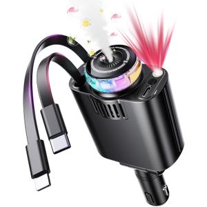 Retractable Car Charger with Aromatherapy and Starlight, 5 in 1 USB C Car Charger Adapter, 69W Fast Charging Cars Phone Chargers, Cars Air Freshener Compatible with iPhone 16 15 14 13 12 and Android