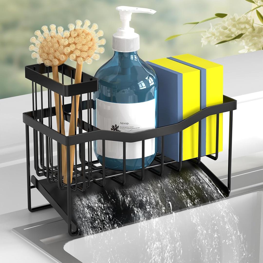 Maifan Sink Caddy Sponge Holder for Kitchen with Brush Holder and Stainless Steel Self Drain Tray, Rustproof Kitchen Sink Organizer for Sponge, Soap Dispenser Storage Accessories (Black)