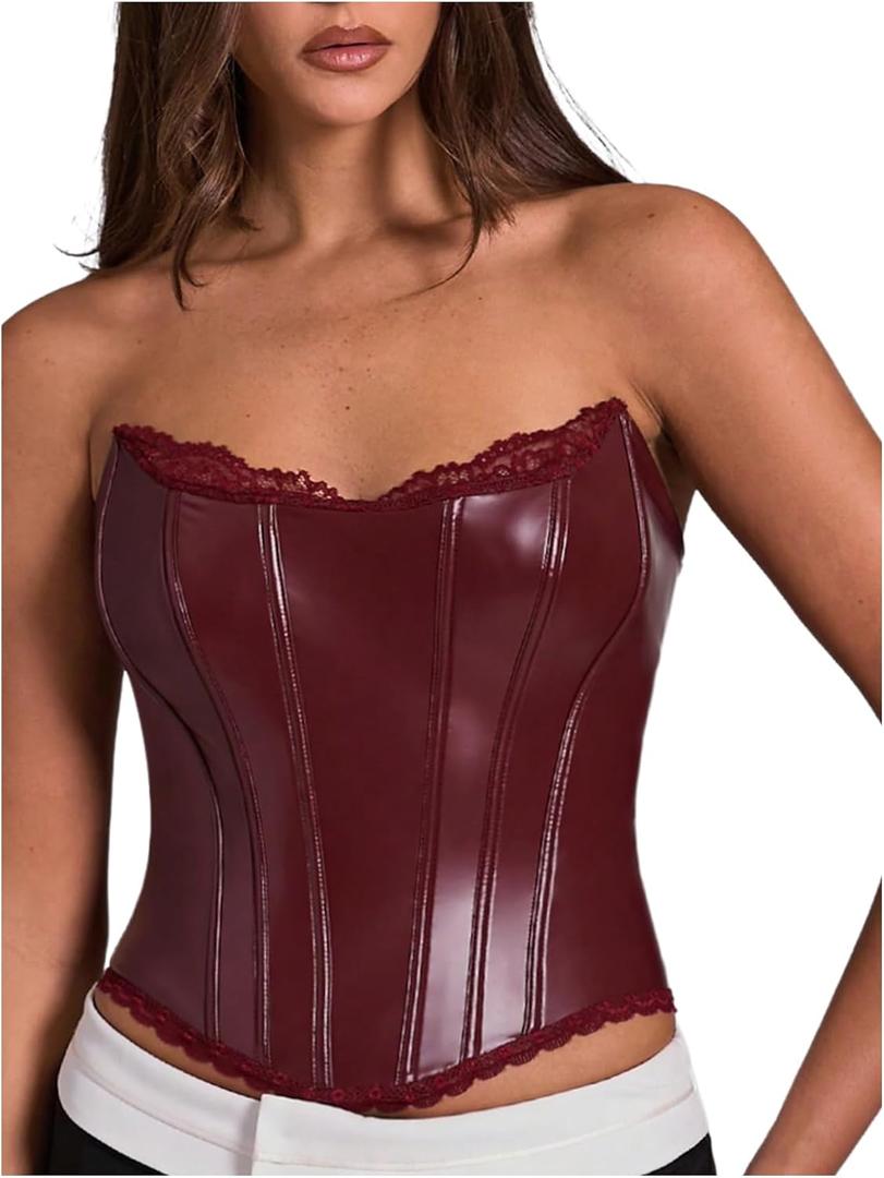 Floerns Women's Rave Vintage Leather Corset Top Lace Trim Strapless Date Night Party Tube Tops (Burgundy) S